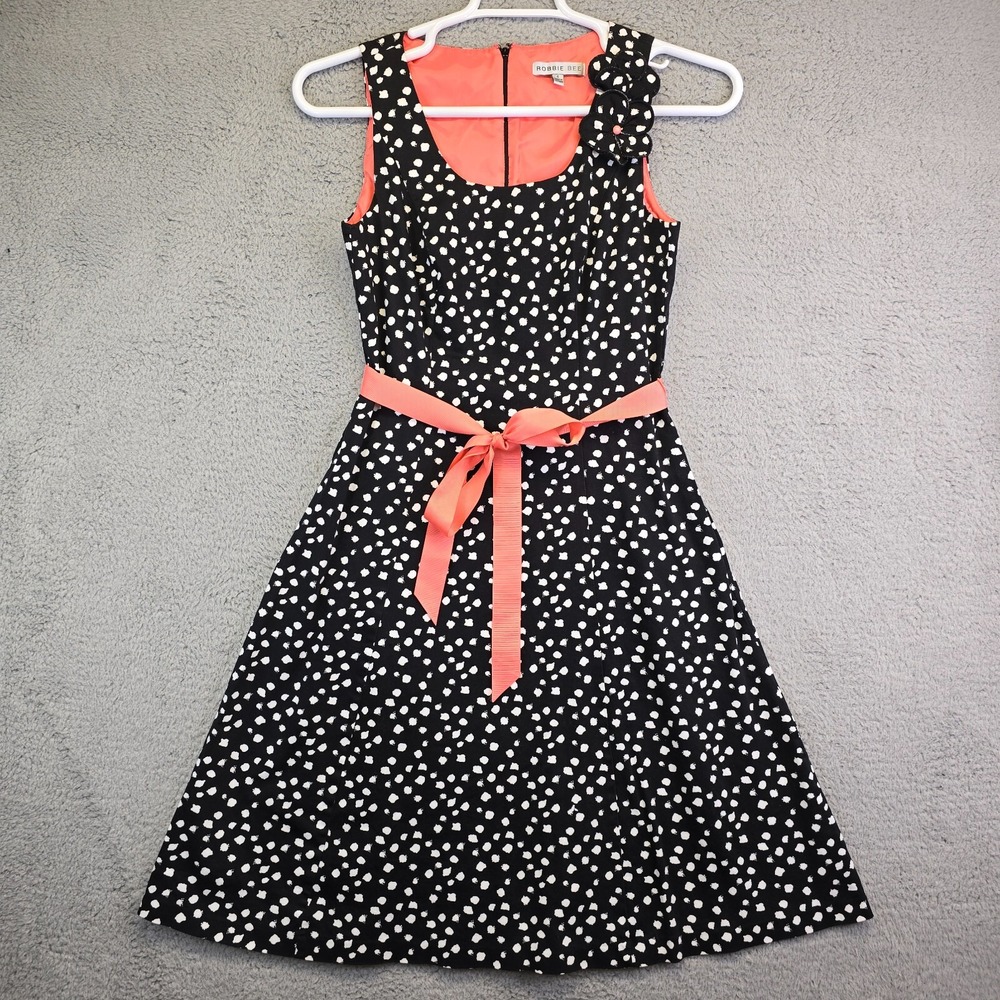 Bobbie Bee‎ Dress Womens 4 Black Pink Spotted Sheath 70s Style Fit N Flare Pinup